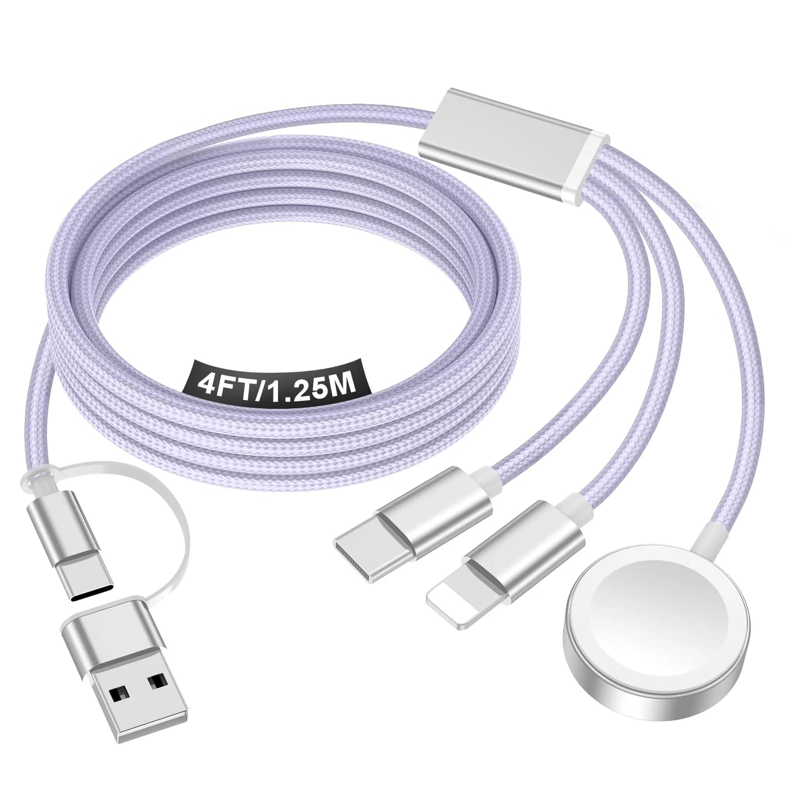 xiwxi 3-in-2 Purple Multi-Charging Cable (1.2M) for Apple Watch, iPhone & USB-C | Travel-Friendly Fast Charger - main product image