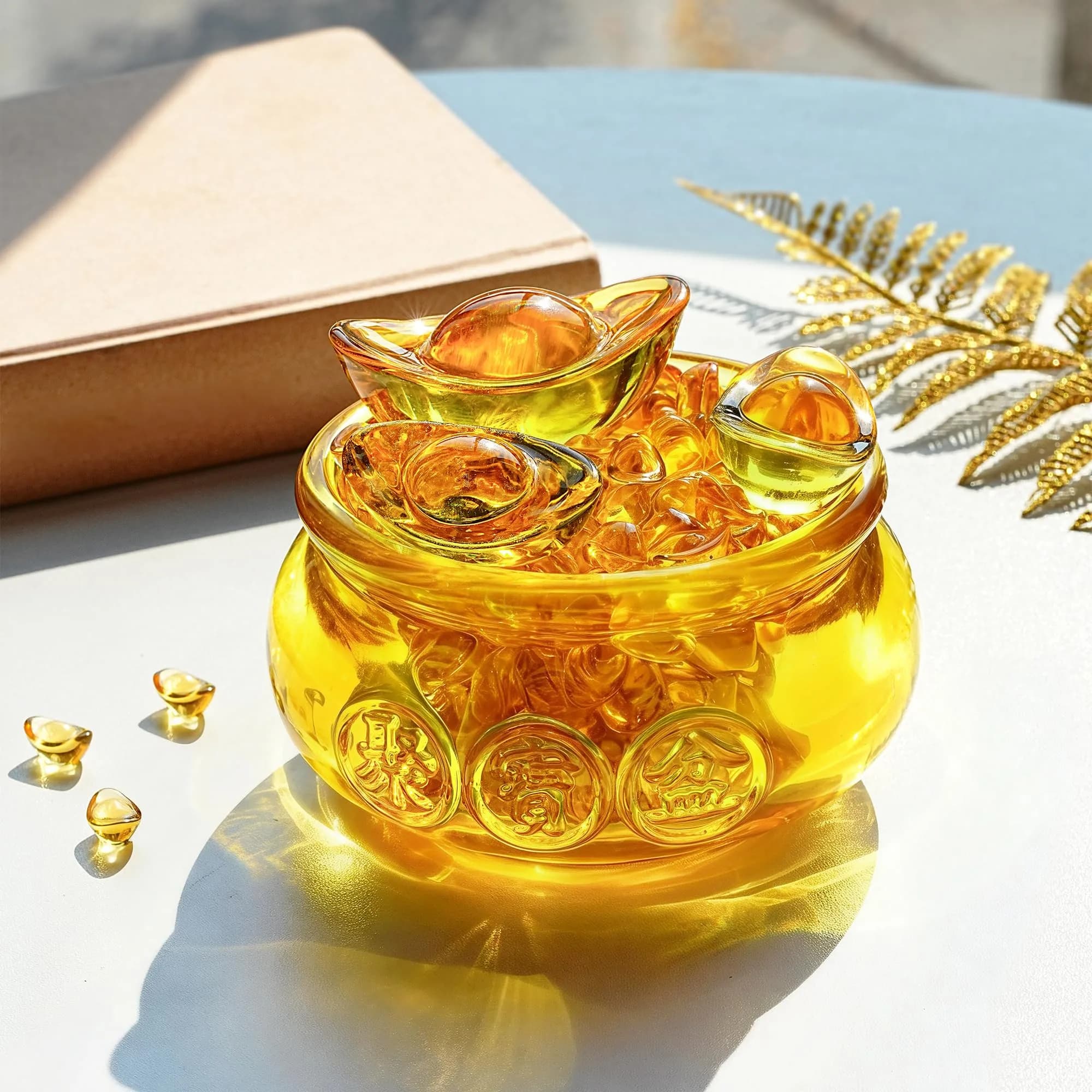 YU FENG Crystal Wealth Bowl with Gold Ingots, 11.9cm (4.7 Inch) Diameter | Feng Shui Prosperity Symbol for Home & Office - view 5