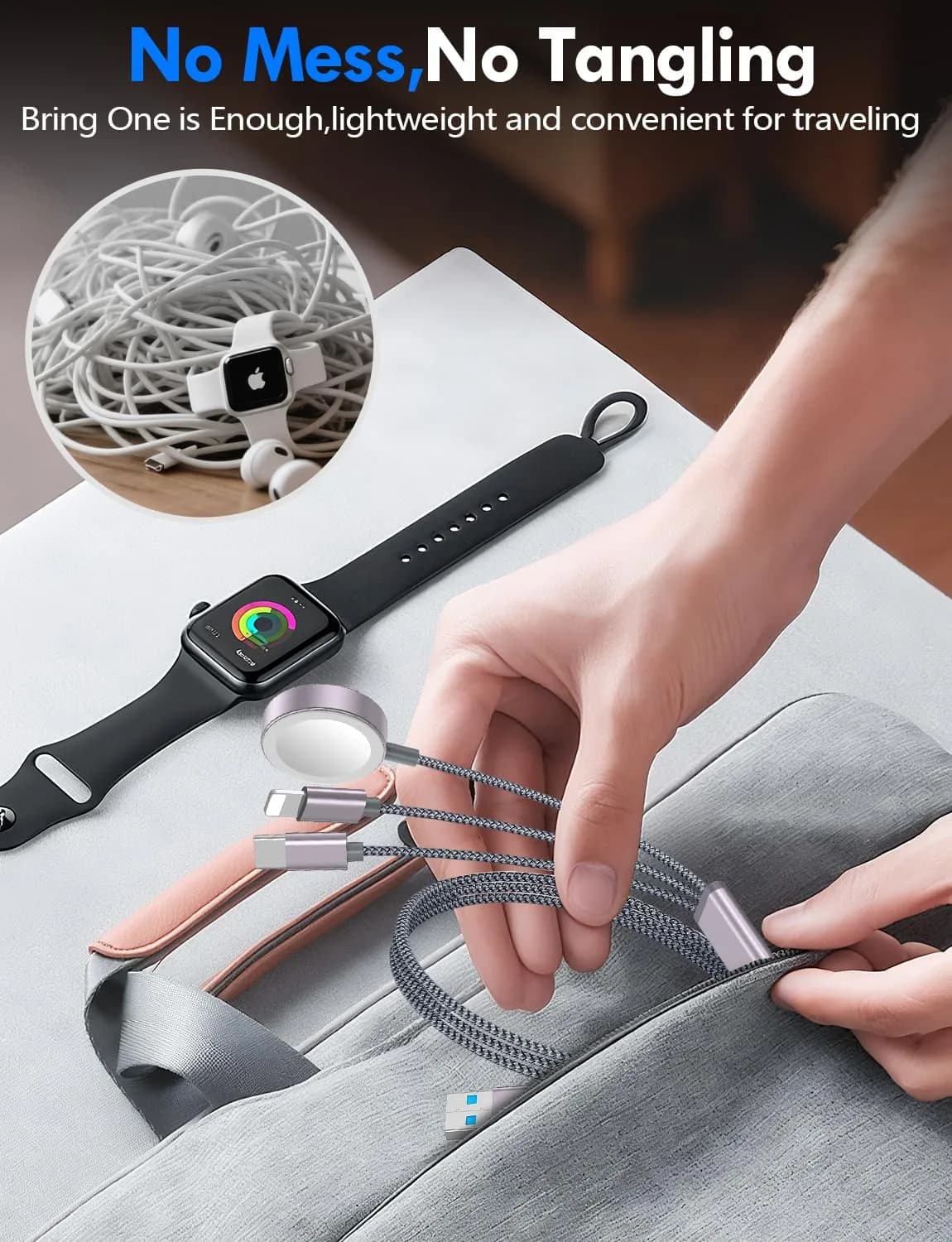xiwxi 3-in-2 Multi Charging Cable for Apple Watch, iPhone, USB-C (1.5m/5ft) | Travel-Ready Power thumbnail 3