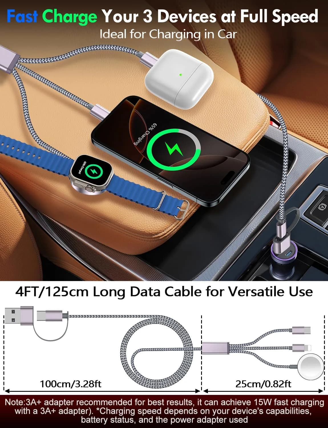 xiwxi 3-in-2 Multi Charging Cable for Apple Watch, iPhone, USB-C (1.5m/5ft) | Travel-Ready Power thumbnail 8