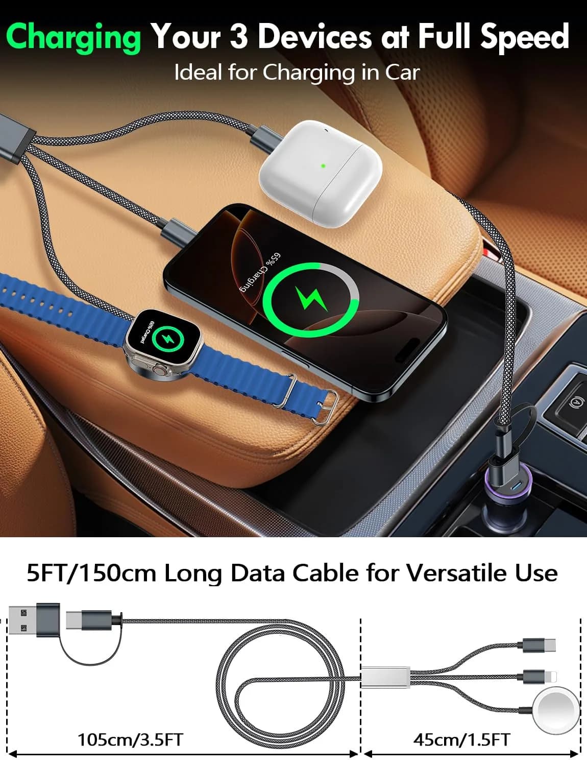 xiwxi 3-in-2 Multi-Charging Cable 1.5m (4.9ft) | MFI-Certified Fast Charging for Apple Watch, iPhone, USB-C - view 6