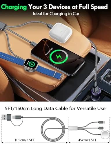 xiwxi 3-in-2 Multi-Charging Cable 1.5m (4.9ft) | MFI-Certified Fast Charging for Apple Watch, iPhone, USB-C thumbnail 6