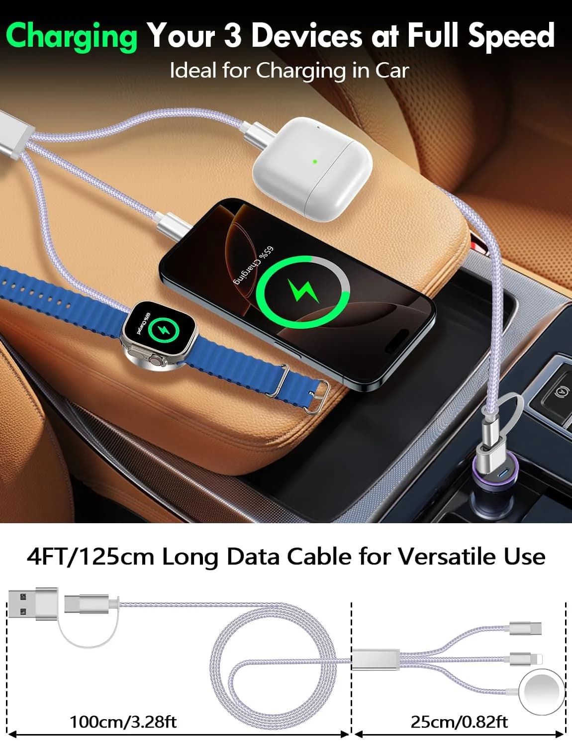 xiwxi 3-in-2 Multi Charging Cable 1.5m (4.9ft) | MFi Certified Fast Charging for Apple Watch, iPhone, USB-C - view 7