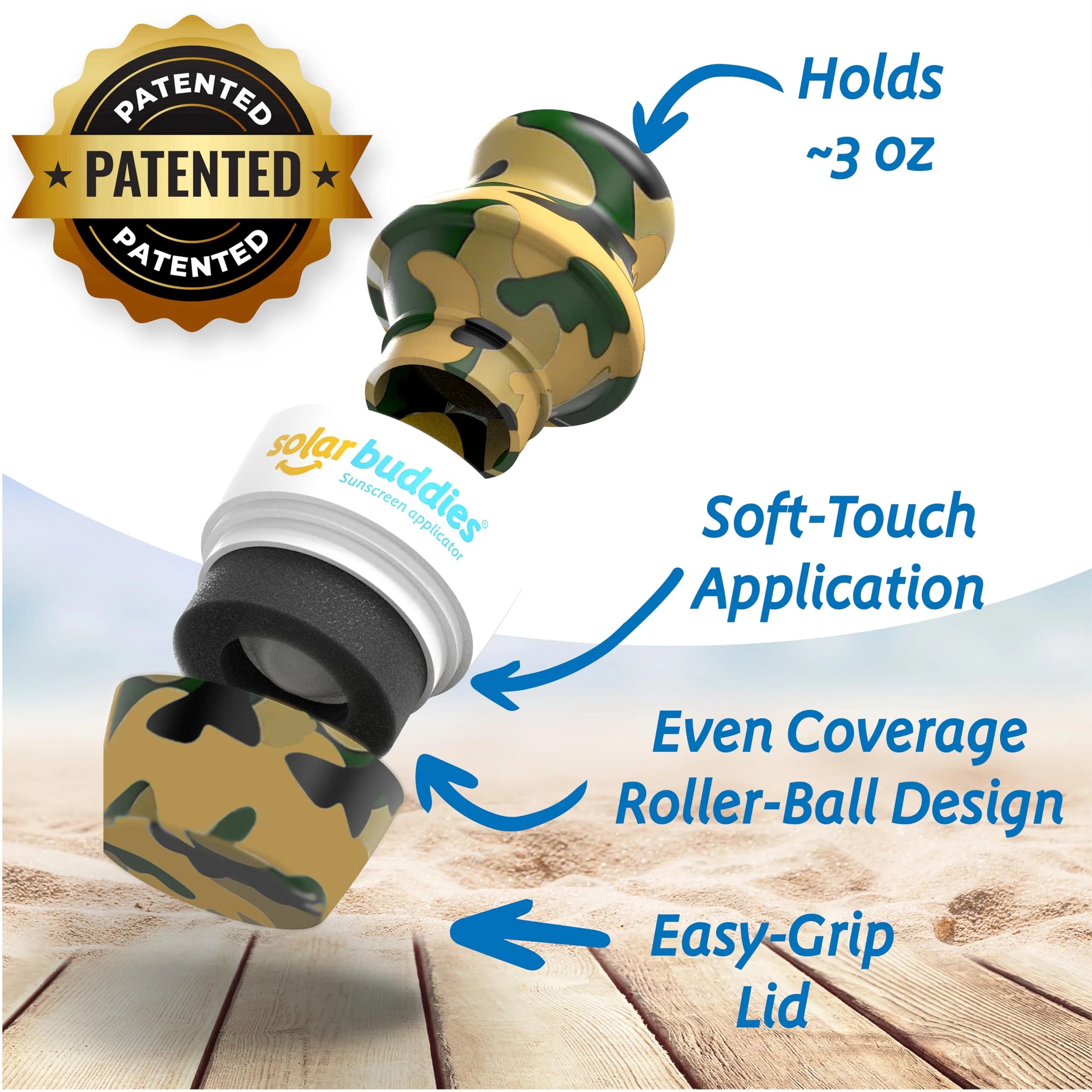 Solar Buddies Sunscreen Applicator Camo 100ml (3.4 Fl Oz) | Refillable Roll-on Sponge, Travel Size - view 2