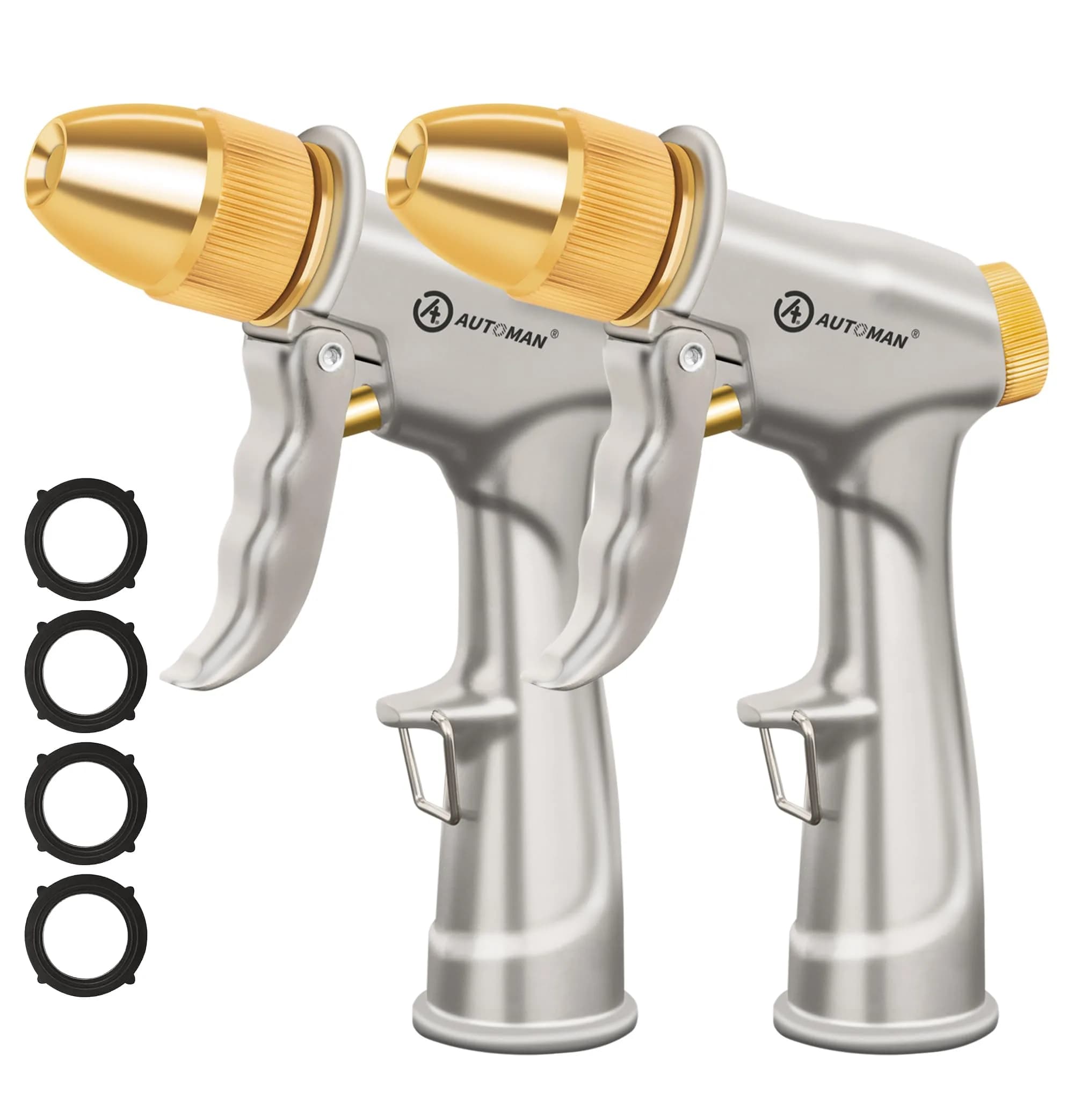 AUTOMAN Garden Hose Nozzle Sprayer 2 Pack | Heavy Duty Metal Water Nozzle with 4 Patterns for Garden & Car Wash — 4 Patterns
