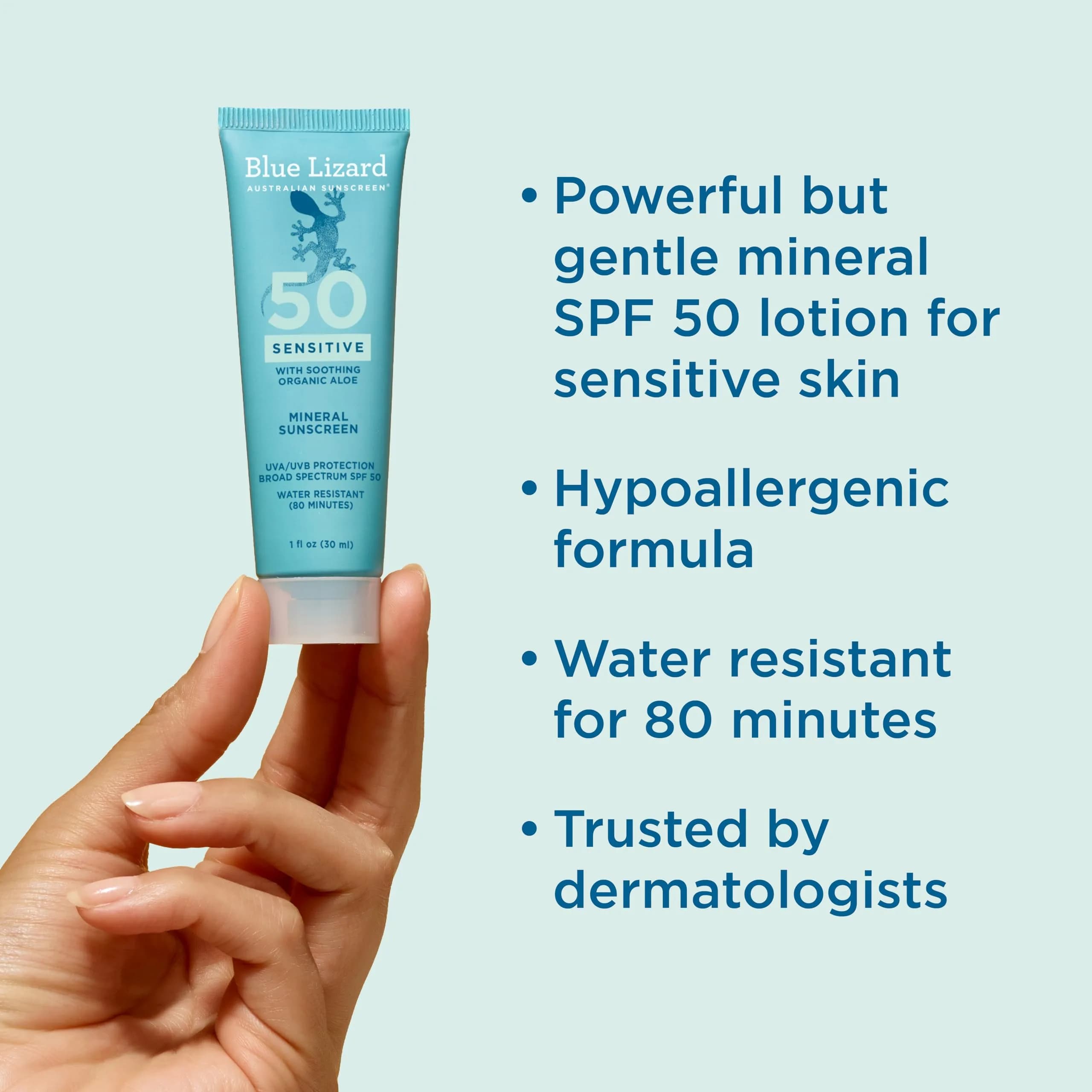 Blue Lizard Sensitive Mineral Sunscreen Lotion SPF 50 29.5ml (1 Fl Oz) | Reef-Safe, Fragrance-Free, Hypoallergenic - view 3