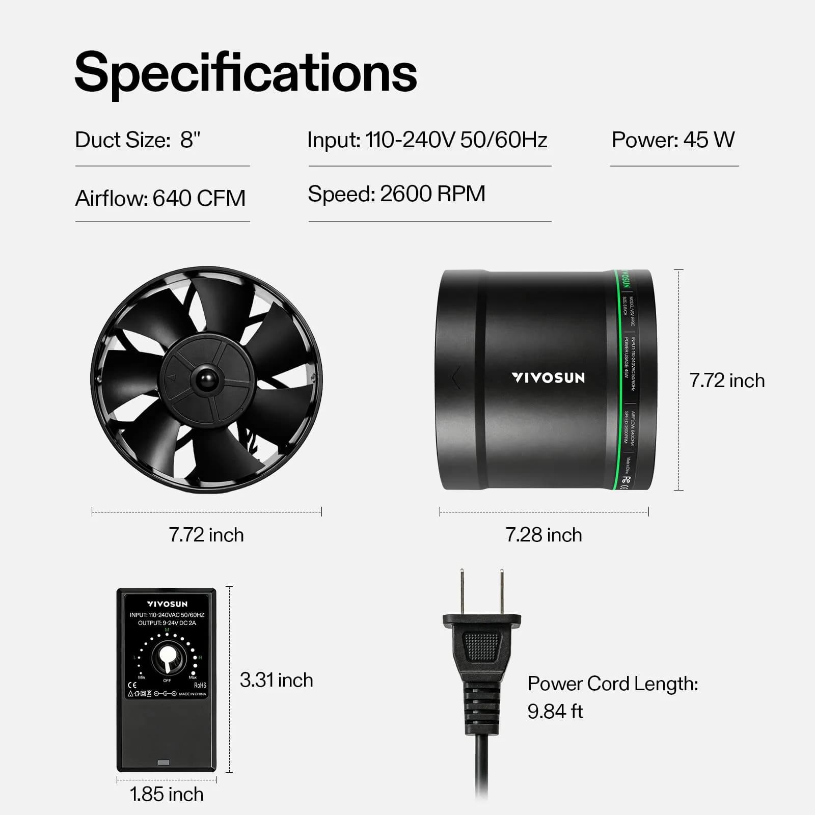 VIVOSUN 8" Inline Duct Fan 640 CFM | Variable Speed Control for Grow Tents & Workshops - view 8