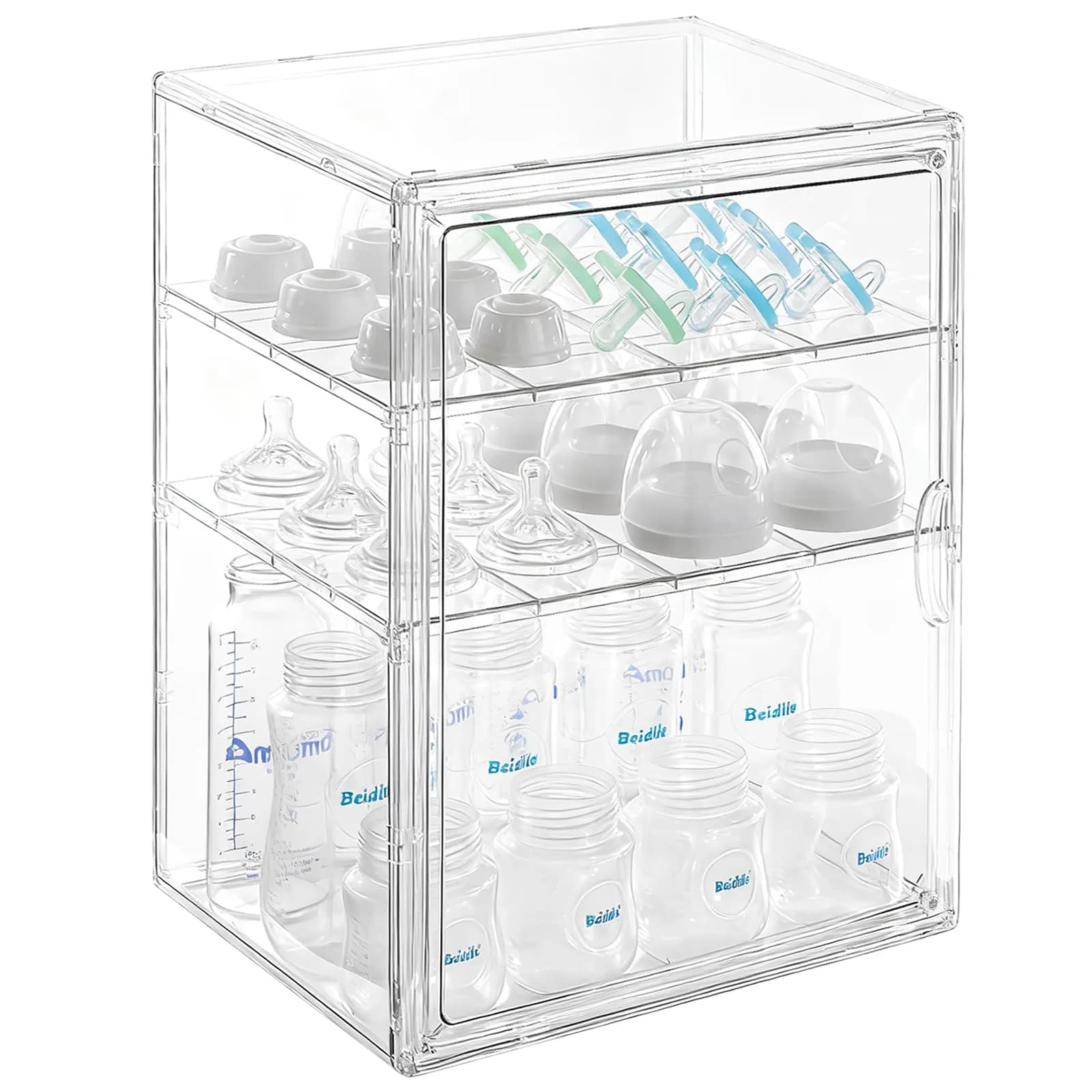 ERTIUANIO 3-Tier Acrylic Baby Bottle Organizer Container with Magnetic Door 10.3" L x 10" W x 14.2" H | Dust-Proof Nursery Storage - main product image