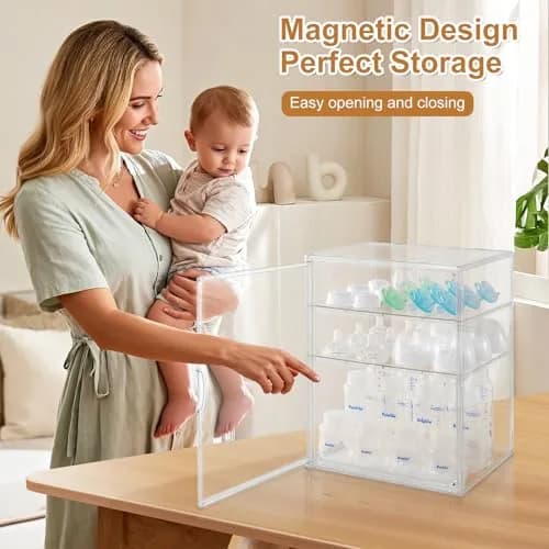 ERTIUANIO 3-Tier Acrylic Baby Bottle Organizer Container with Magnetic Door 10.3" L x 10" W x 14.2" H | Dust-Proof Nursery Storage thumbnail 5