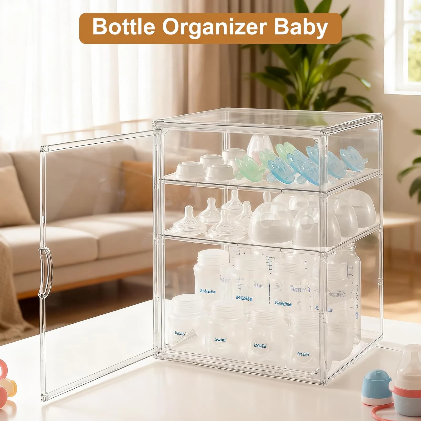 ERTIUANIO 3-Tier Acrylic Baby Bottle Organizer Container with Magnetic Door 10.3" L x 10" W x 14.2" H | Dust-Proof Nursery Storage - view 6