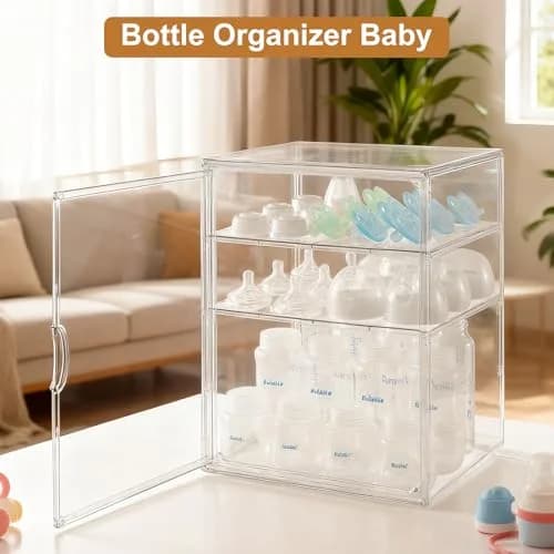 ERTIUANIO 3-Tier Acrylic Baby Bottle Organizer Container with Magnetic Door 10.3" L x 10" W x 14.2" H | Dust-Proof Nursery Storage thumbnail 6