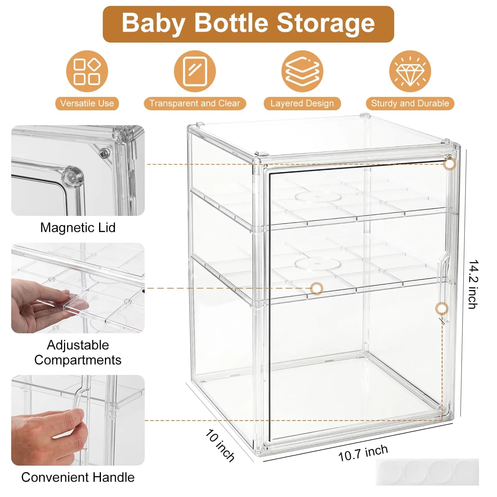 ERTIUANIO 3-Tier Acrylic Baby Bottle Organizer Container with Magnetic Door 10.3" L x 10" W x 14.2" H | Dust-Proof Nursery Storage - view 2