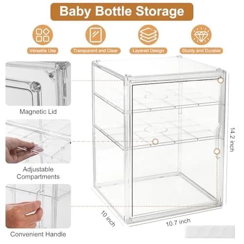 ERTIUANIO 3-Tier Acrylic Baby Bottle Organizer Container with Magnetic Door 10.3" L x 10" W x 14.2" H | Dust-Proof Nursery Storage thumbnail 2