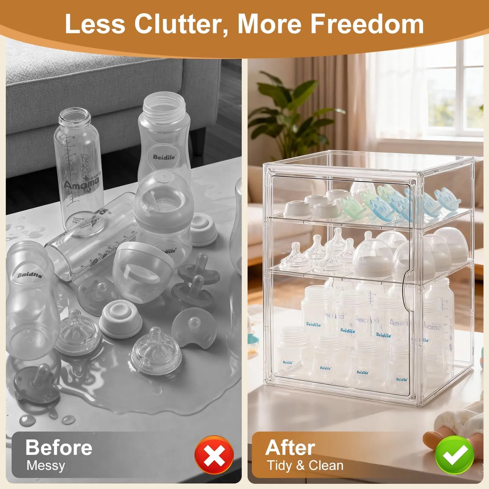 ERTIUANIO 3-Tier Acrylic Baby Bottle Organizer Container with Magnetic Door 10.3" L x 10" W x 14.2" H | Dust-Proof Nursery Storage - view 3