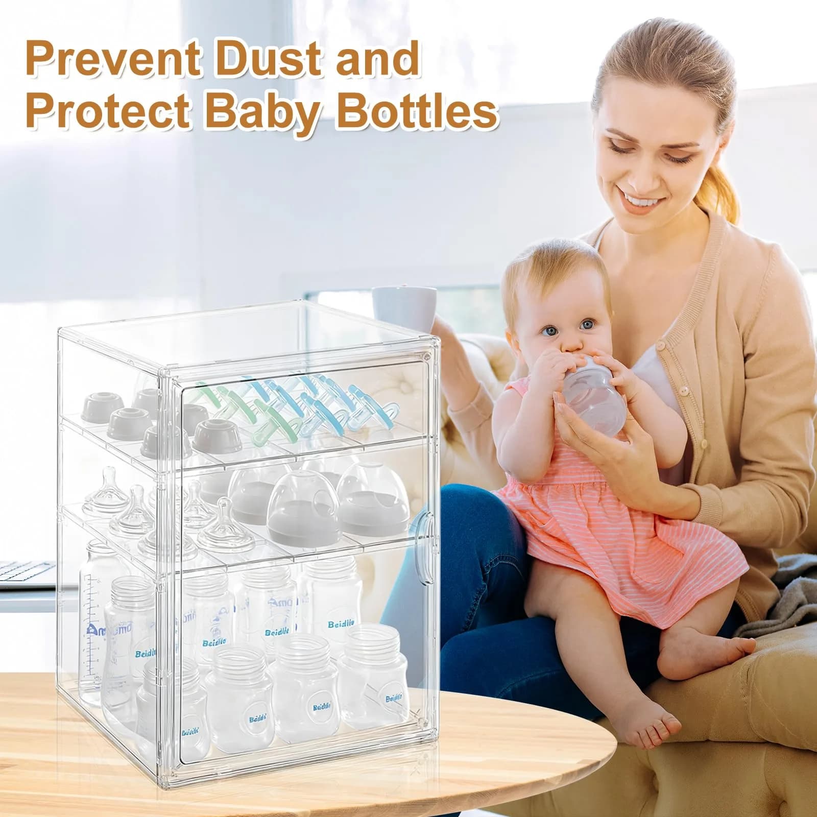 ERTIUANIO 3-Tier Acrylic Baby Bottle Organizer Container with Magnetic Door 10.3" L x 10" W x 14.2" H | Dust-Proof Nursery Storage - view 4