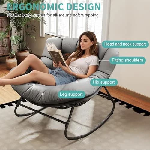 Fancyango Oversized Egg Rocking Chair for Indoor/Outdoor – All-Weather Wicker Rattan Lounge Chair with Cushion, Patio Rocker for Porch, Garden, or Balcony (Grey, 37.8" D x 36.6" W x 33" H) thumbnail 4