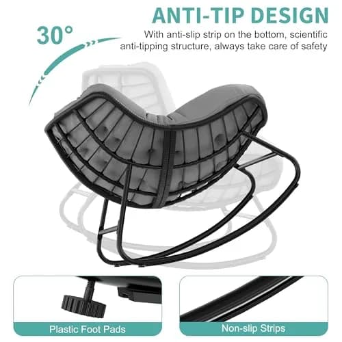 Fancyango Oversized Egg Rocking Chair for Indoor/Outdoor – All-Weather Wicker Rattan Lounge Chair with Cushion, Patio Rocker for Porch, Garden, or Balcony (Grey, 37.8" D x 36.6" W x 33" H) thumbnail 5