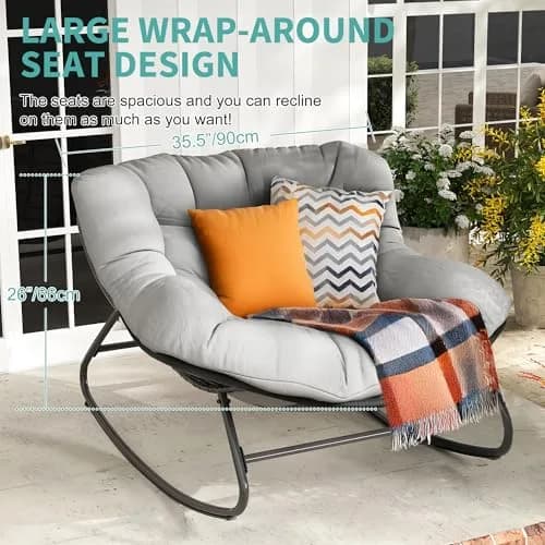 Fancyango Oversized Egg Rocking Chair for Indoor/Outdoor – All-Weather Wicker Rattan Lounge Chair with Cushion, Patio Rocker for Porch, Garden, or Balcony (Grey, 37.8" D x 36.6" W x 33" H) thumbnail 2
