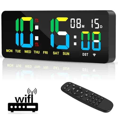 XREXS 12.2 Inch Digital Wall Clock WiFi Sync with Seconds & Remote Control | Large LED Display, Multi-Color Brightness, Calendar & Timer thumbnail 1
