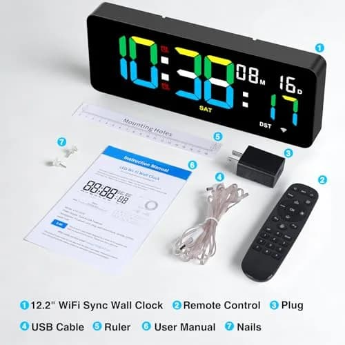 XREXS 12.2 Inch Digital Wall Clock WiFi Sync with Seconds & Remote Control | Large LED Display, Multi-Color Brightness, Calendar & Timer thumbnail 7