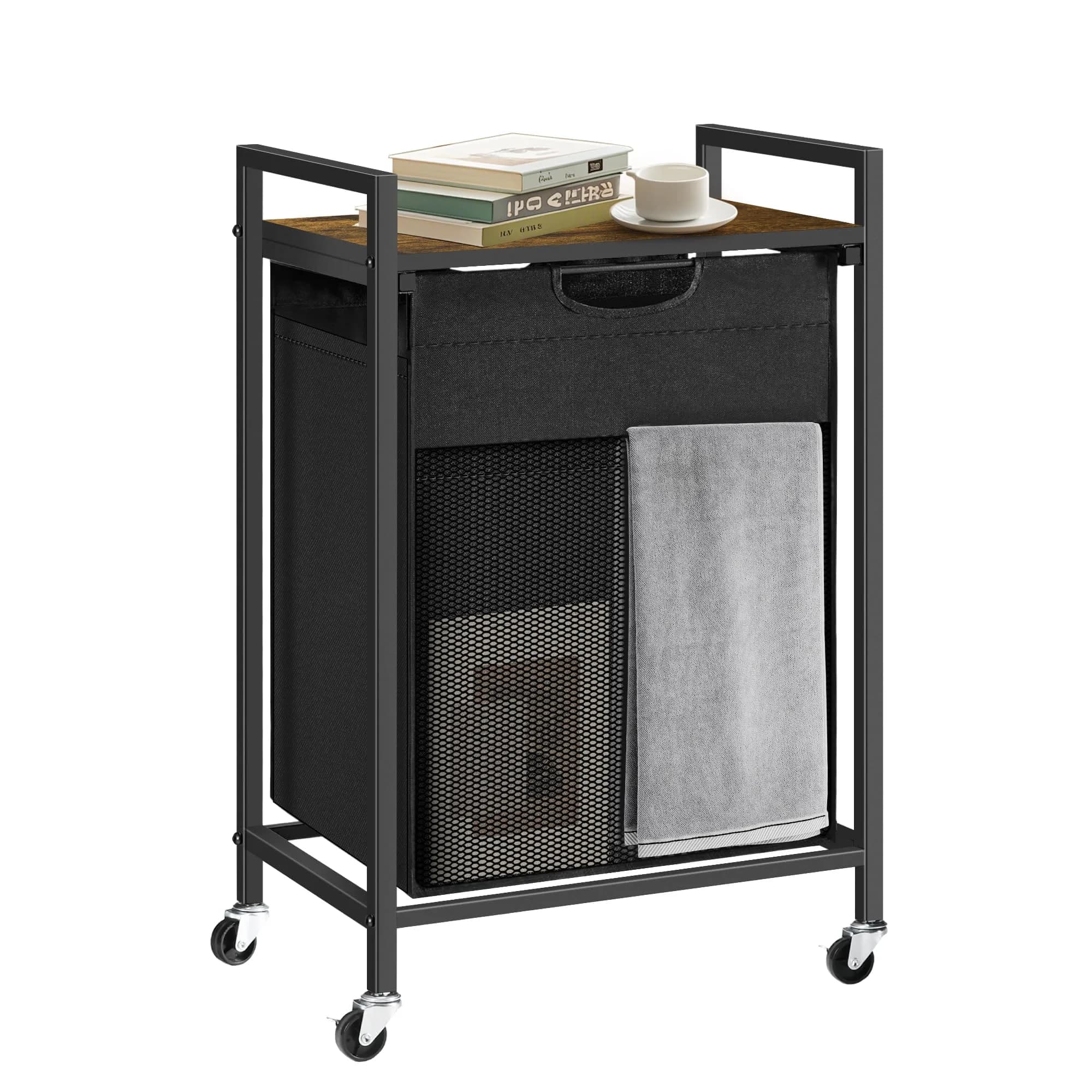 BRITEMART Laundry Hamper with Shelf 69L | Metal Frame, Lockable Wheels, Removable Bags — Black and Rust (1 Bag 69L)
