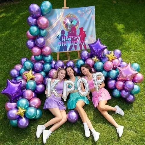 froufing Purple Green Pink Balloon Arch Garland Kit with Kpop Letter Mylar Balloons (91 Count) thumbnail 2