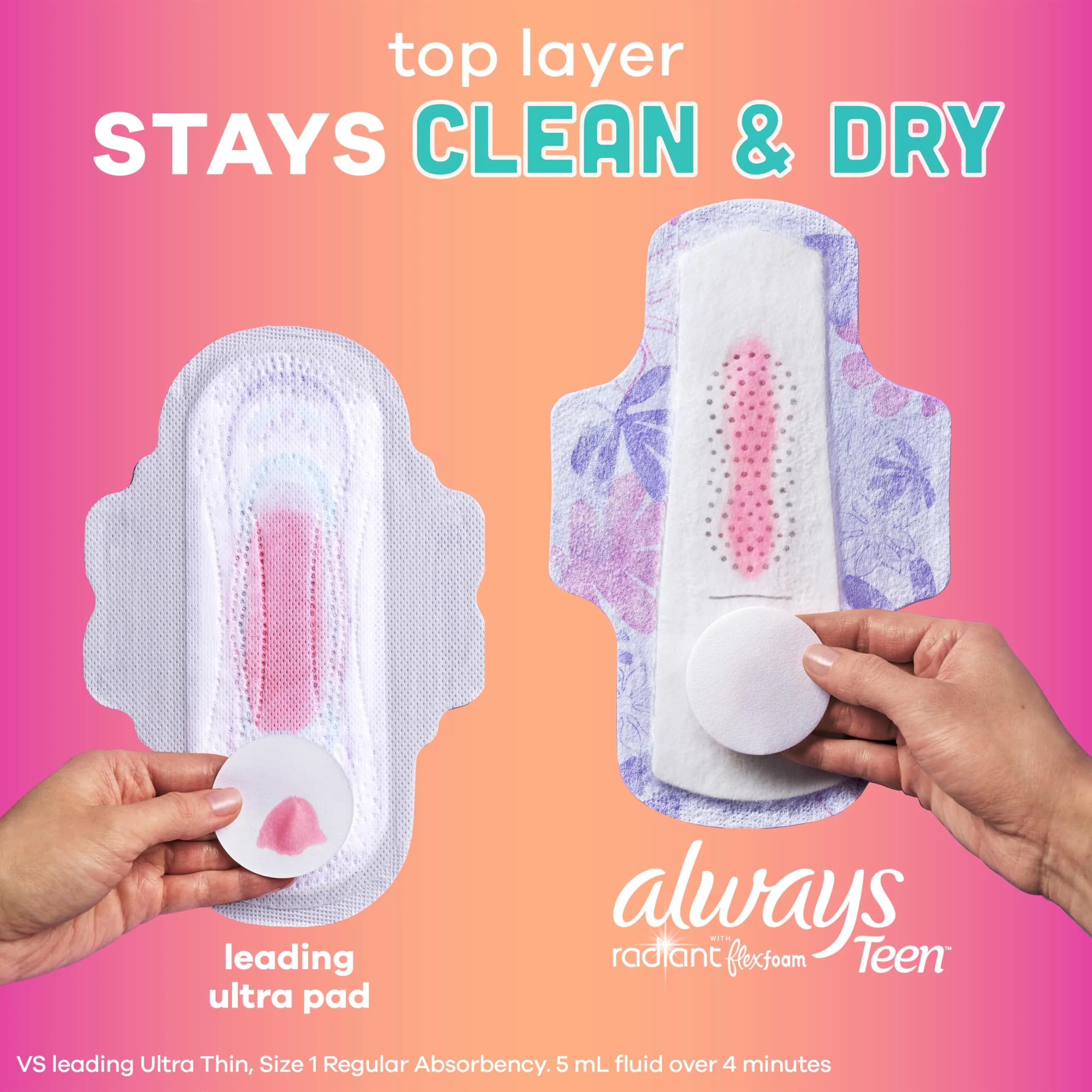 Always Radiant Teen Pads Size 1 Regular with Wings Unscented 126 Count | Up to 10 Hours Leak-Free Protection - view 5