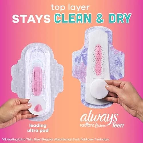 Always Radiant Teen Pads Size 1 Regular with Wings Unscented 126 Count | Up to 10 Hours Leak-Free Protection thumbnail 5
