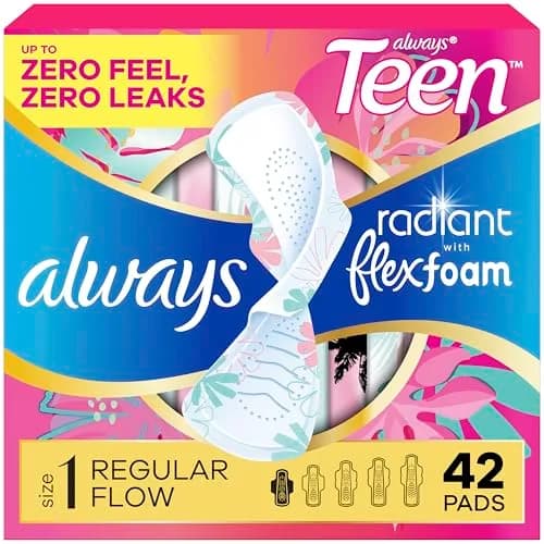 Always Radiant Teen Pads Size 1 Regular with Wings Unscented 126 Count | Up to 10 Hours Leak-Free Protection thumbnail 1