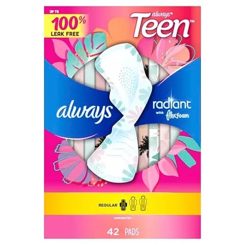 Always Radiant Teen Pads Size 1 Regular with Wings Unscented 126 Count | Up to 10 Hours Leak-Free Protection thumbnail 9