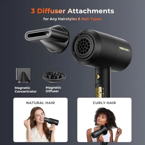 SHRATE Ionic Hair Dryer with Diffuser & Nozzle | Low Noise, 1800W, Compact & Portable for All Hair Types thumbnail 6