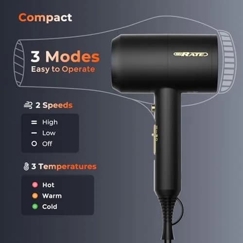 SHRATE Ionic Hair Dryer with Diffuser & Nozzle | Low Noise, 1800W, Compact & Portable for All Hair Types thumbnail 7
