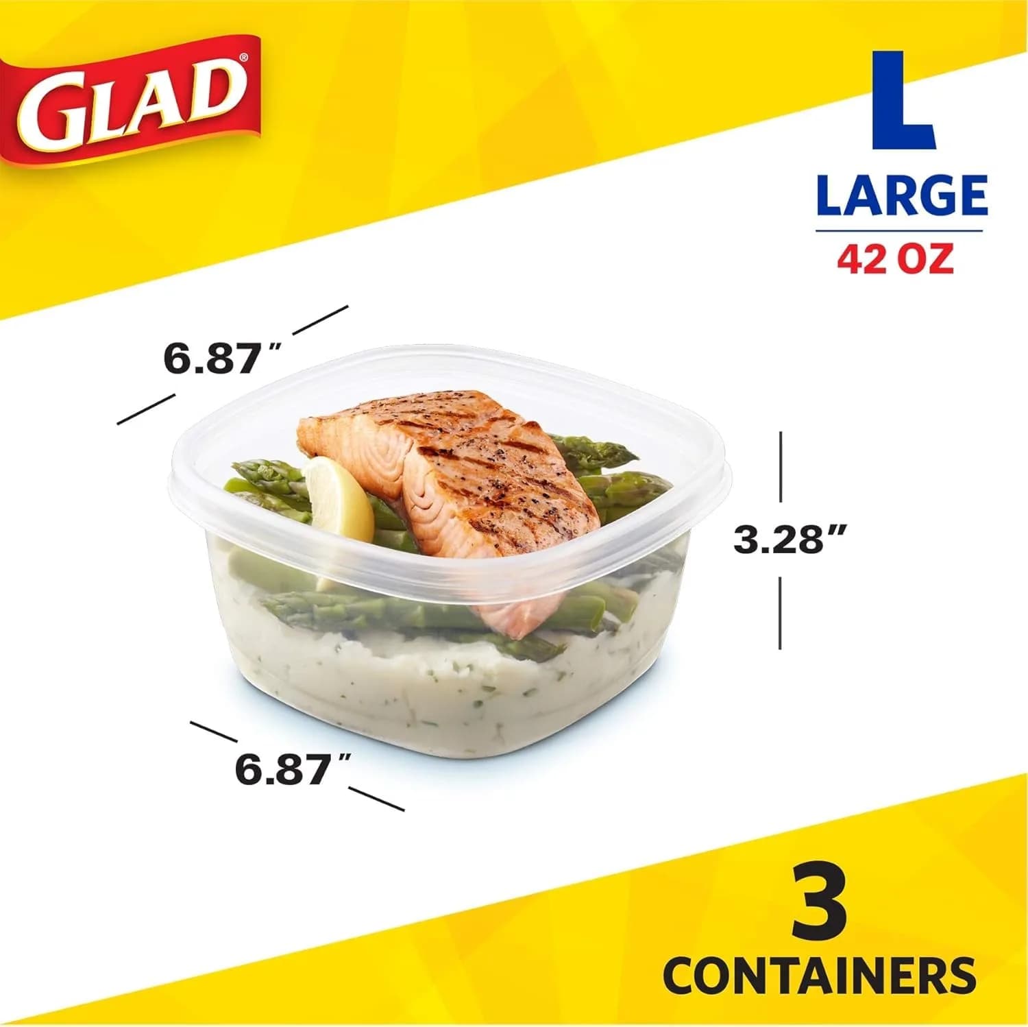 Glad GladWare Tall Entree Containers, Large Square, 42 Oz, 3 Count, 2-Pack thumbnail 2