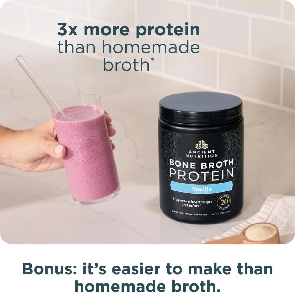 Ancient Nutrition Grass Fed Bone Broth Protein Powder Vanilla 13oz (368g) | 20g Protein, Gut + Joint Support - view 6