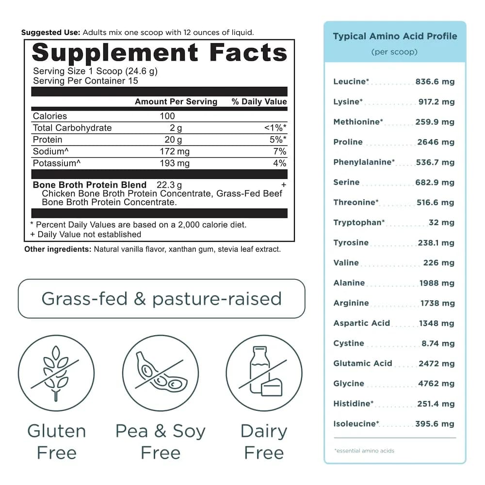 Ancient Nutrition Grass Fed Bone Broth Protein Powder Vanilla 13oz (368g) | 20g Protein, Gut + Joint Support - view 8