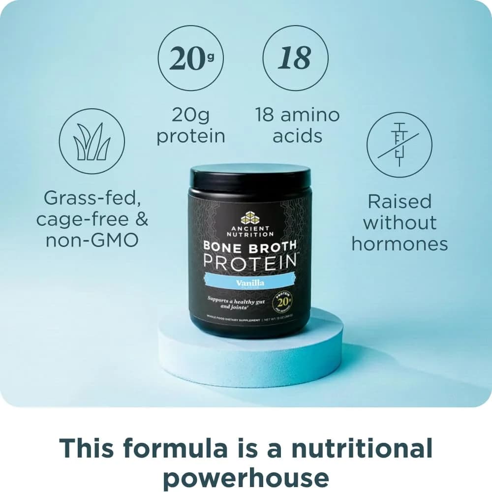 Ancient Nutrition Grass Fed Bone Broth Protein Powder Vanilla 13oz (368g) | 20g Protein, Gut + Joint Support - view 2