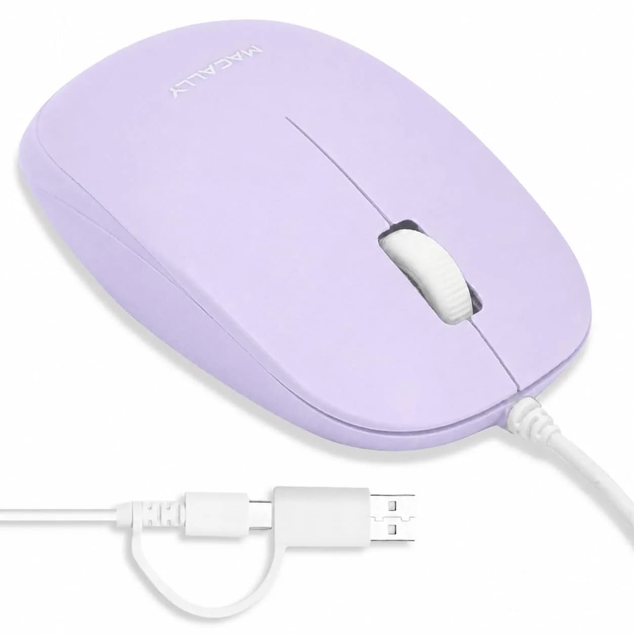 Macally Wired Mouse for Mac and PC - Dual USB C + A Plug - Ambidextrous 3 Button Optical Sensor, 1200 DPI, Purple