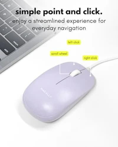 Macally Wired Mouse for Mac and PC - Dual USB C + A Plug - Ambidextrous 3 Button Optical Sensor, 1200 DPI, Purple thumbnail 6