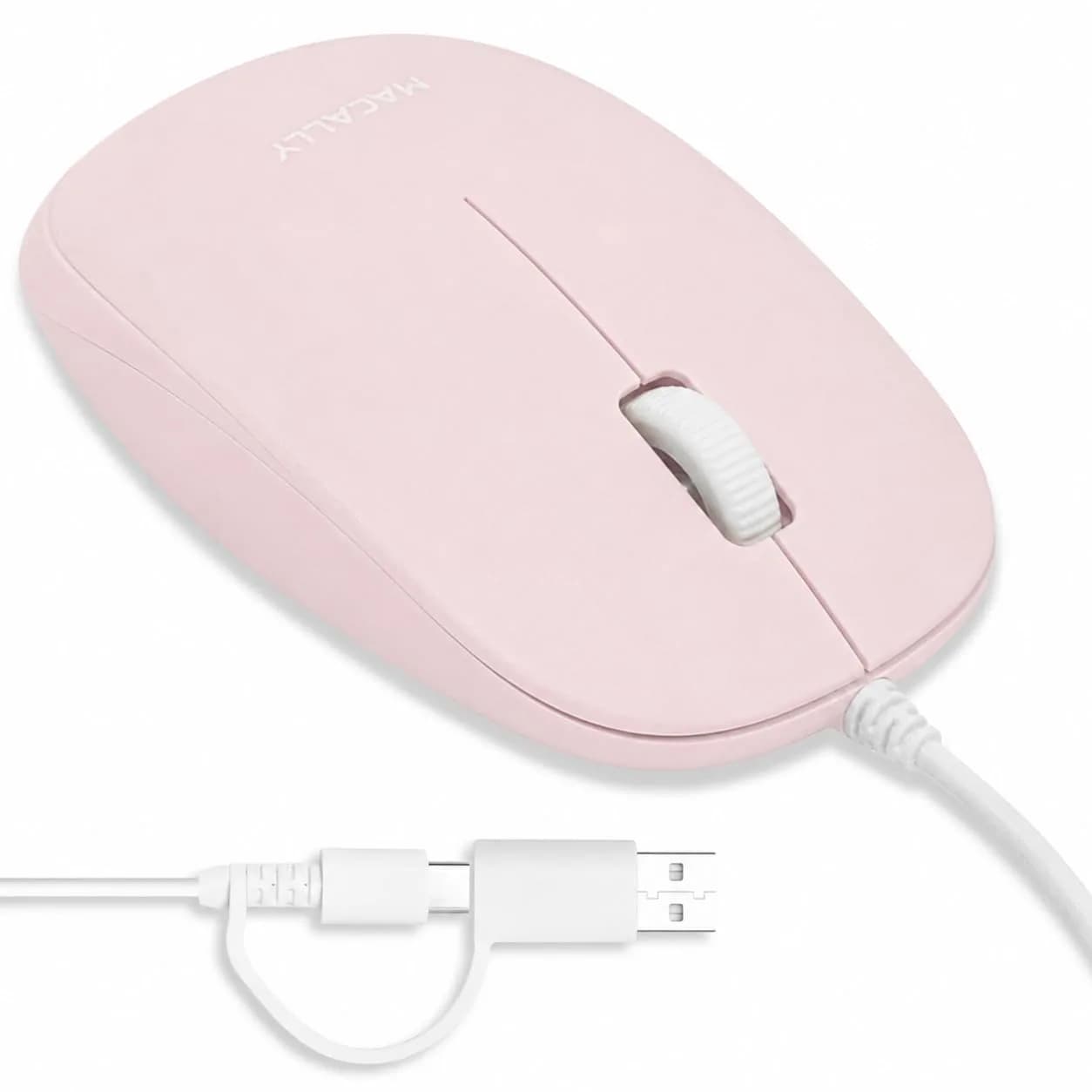 Macally Wired Mouse for Mac and PC - Dual USB C + A - Ambidextrous 3 Button, 1200 DPI, Pink | Simple, Reliable Control — Pink
