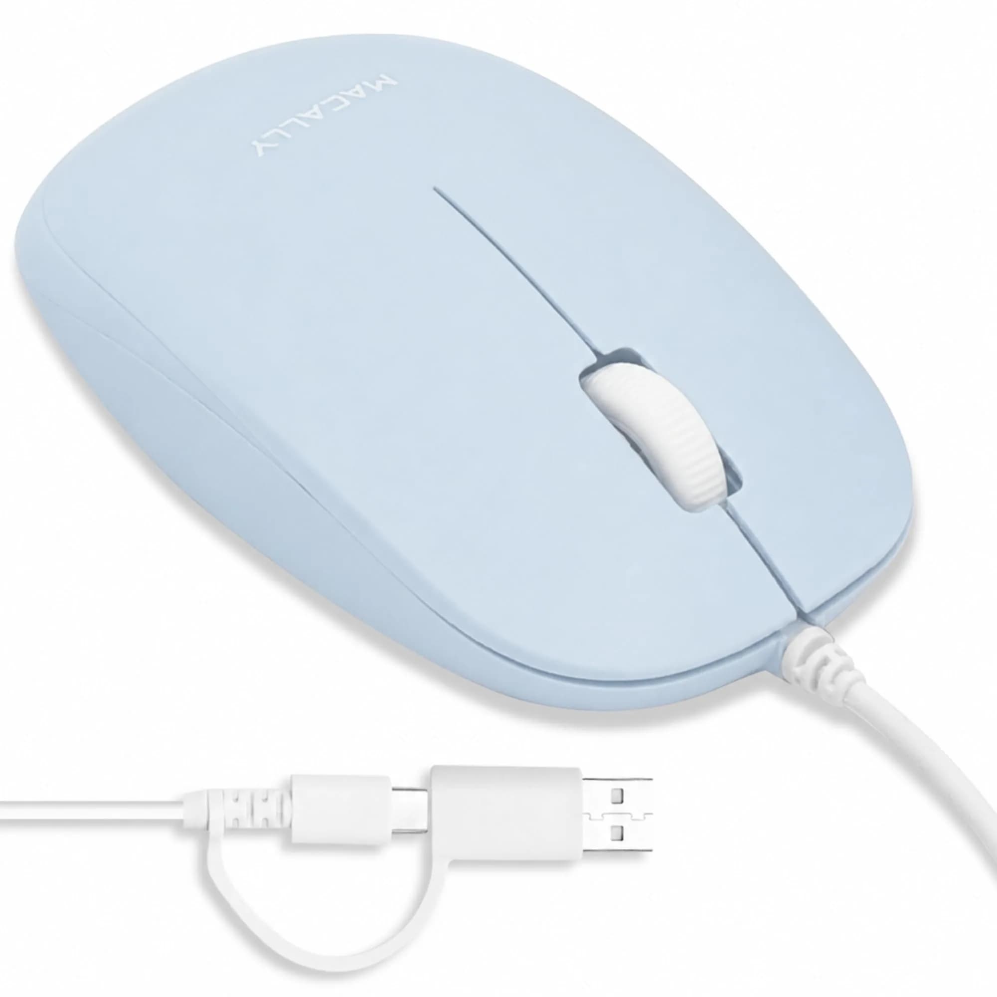 Macally Wired Mouse for Mac and PC - Dual USB C + A Plug - Ambidextrous 3 Button, 1200 DPI, Blue — Blue