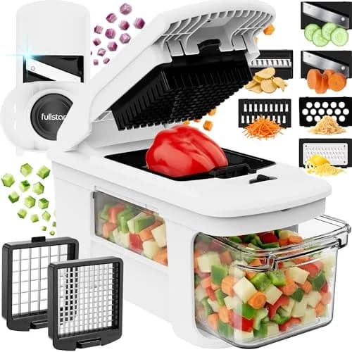 Fullstar Pro XL Vegetable Chopper & Mandoline Slicer with Catch Tray, 1.8L Container | 8 Interchangeable Stainless Steel Blades — White