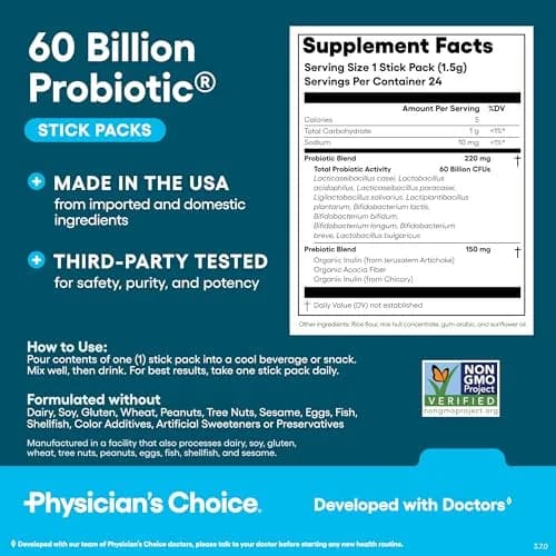 Physician's Choice 60 Billion CFU Probiotic Stick Packs 24CT | Supports Digestive & Gut Health thumbnail 6