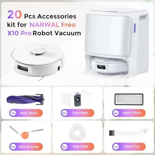 BTRSOLUS Robot Vacuum Accessories Kit for NARWAL Freo X10 Pro | 20 Pcs: 1 Main Brush, 6 Dust Bags, 4 Hepa Filters, 4 Mop Pads, 4 Side Brushes, 1 Clean Tool thumbnail 2
