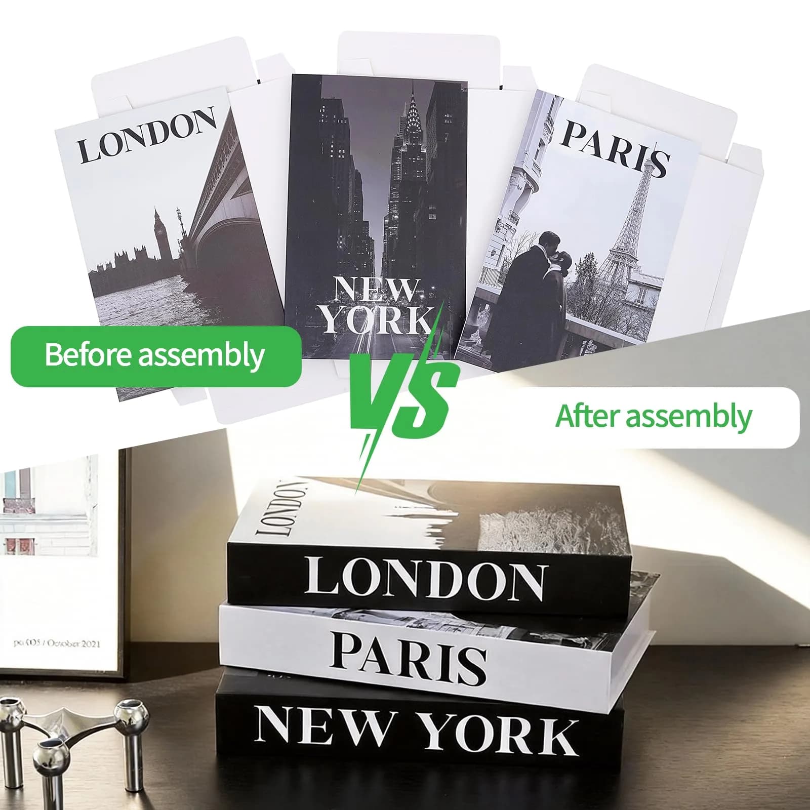 YOYMJBY Faux Decorative Books Set 3-Paris London Newyork Kiss | Aesthetic Home Decor for Coffee Tables & Shelves - view 5