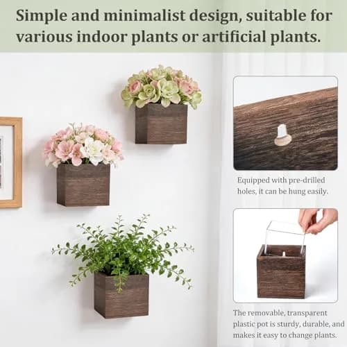 Dahey Small Wall Hanging Planters 3 Pack 4 Inch Wood Pot with Plastic Liner | Rustic Wall Decor for Indoor & Outdoor thumbnail 4