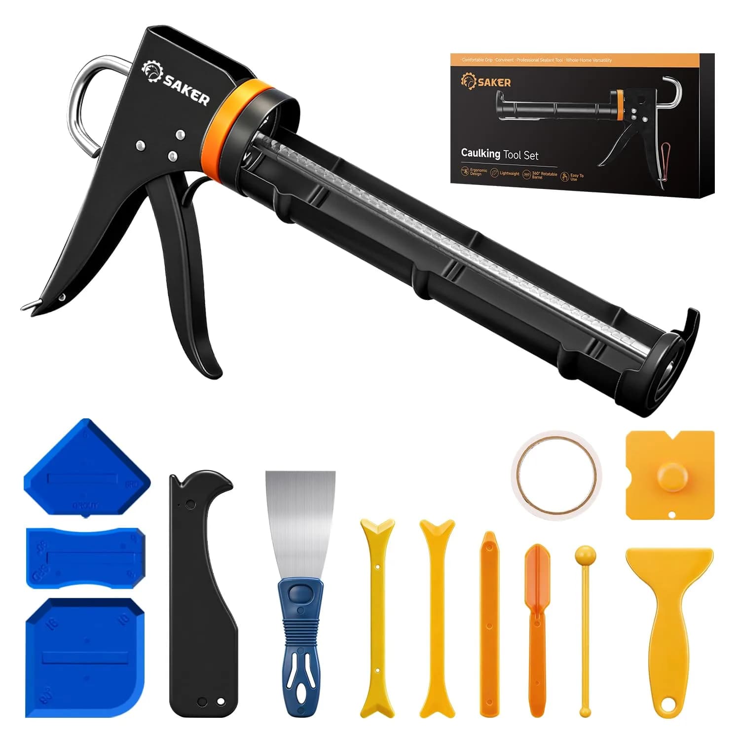 Saker Caulk Gun Kit, Manual Caulking Gun with 11-in-1 Caulking Tool Set, Silicone Sealant Finishing Tools, Grout Scrapers & Shapers with Masking Tape for Bathroom, Kitchen, Window & Home Repair | Heavy-Duty, Dripless, 10oz Cartridge