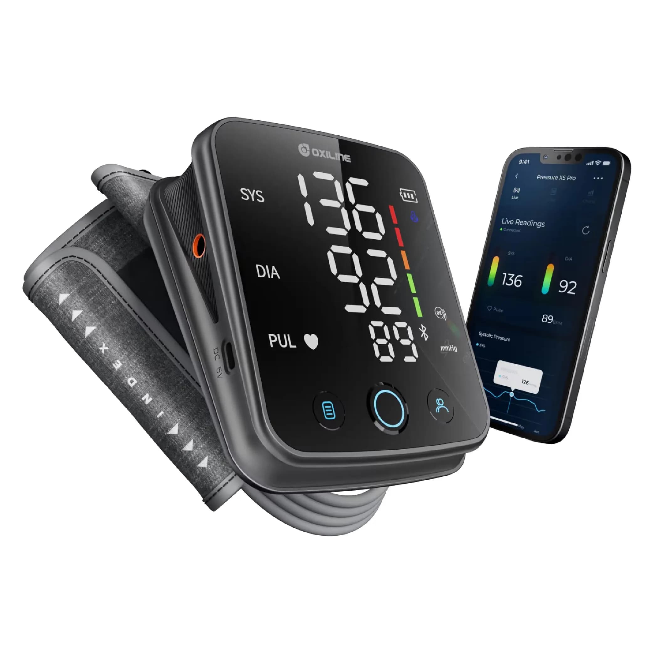 Oxiline Pressure XS Pro Bluetooth Blood Pressure Monitor, Upper Arm Cuff 22–42 cm, Accurate Digital Systolic/Diastolic, Large Display, Mobile App Compatible (1 Unit) — Large