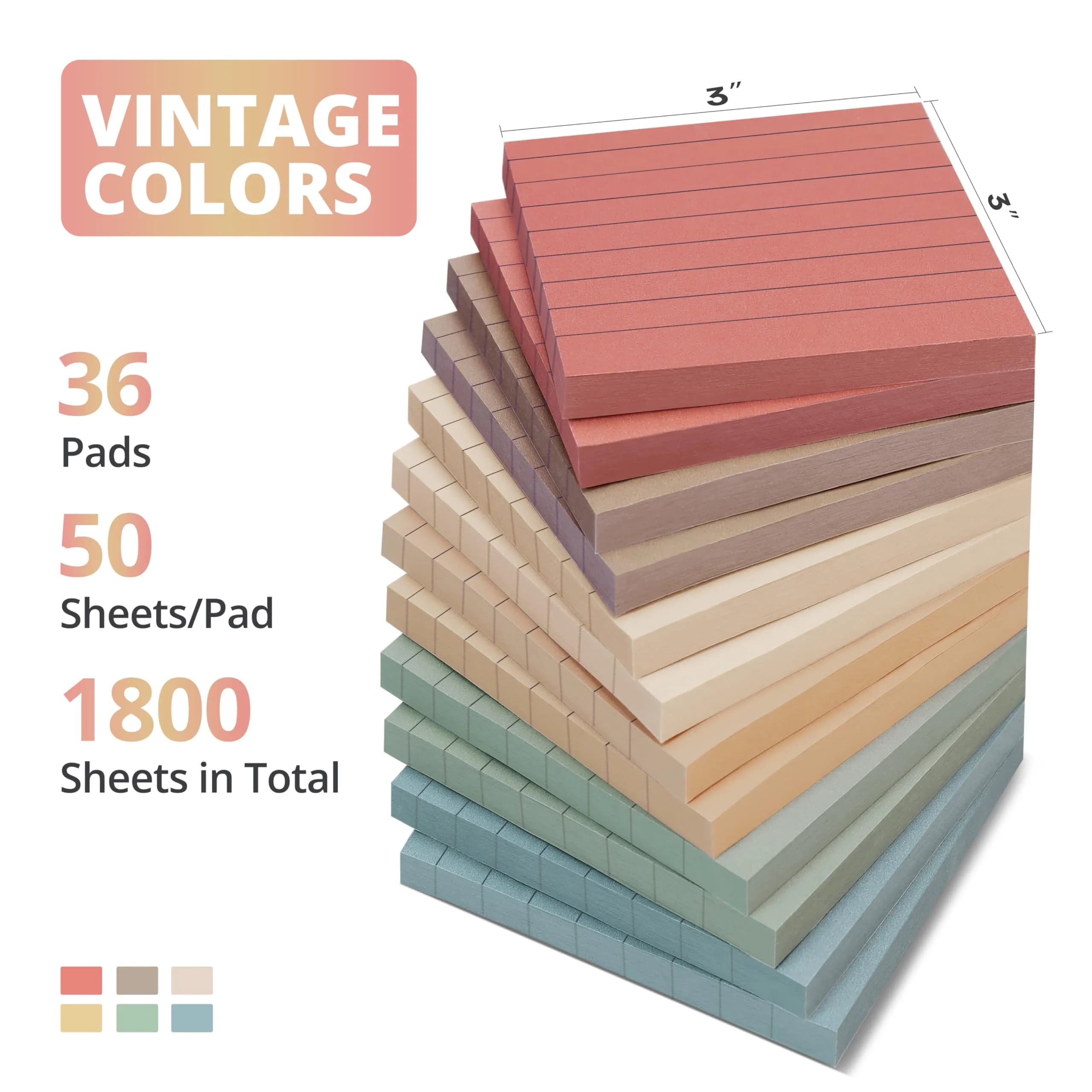 Taja Lined Sticky Notes 3x3 Inches, 36 Pads | Vintage Pastel Colors for Organization - view 2
