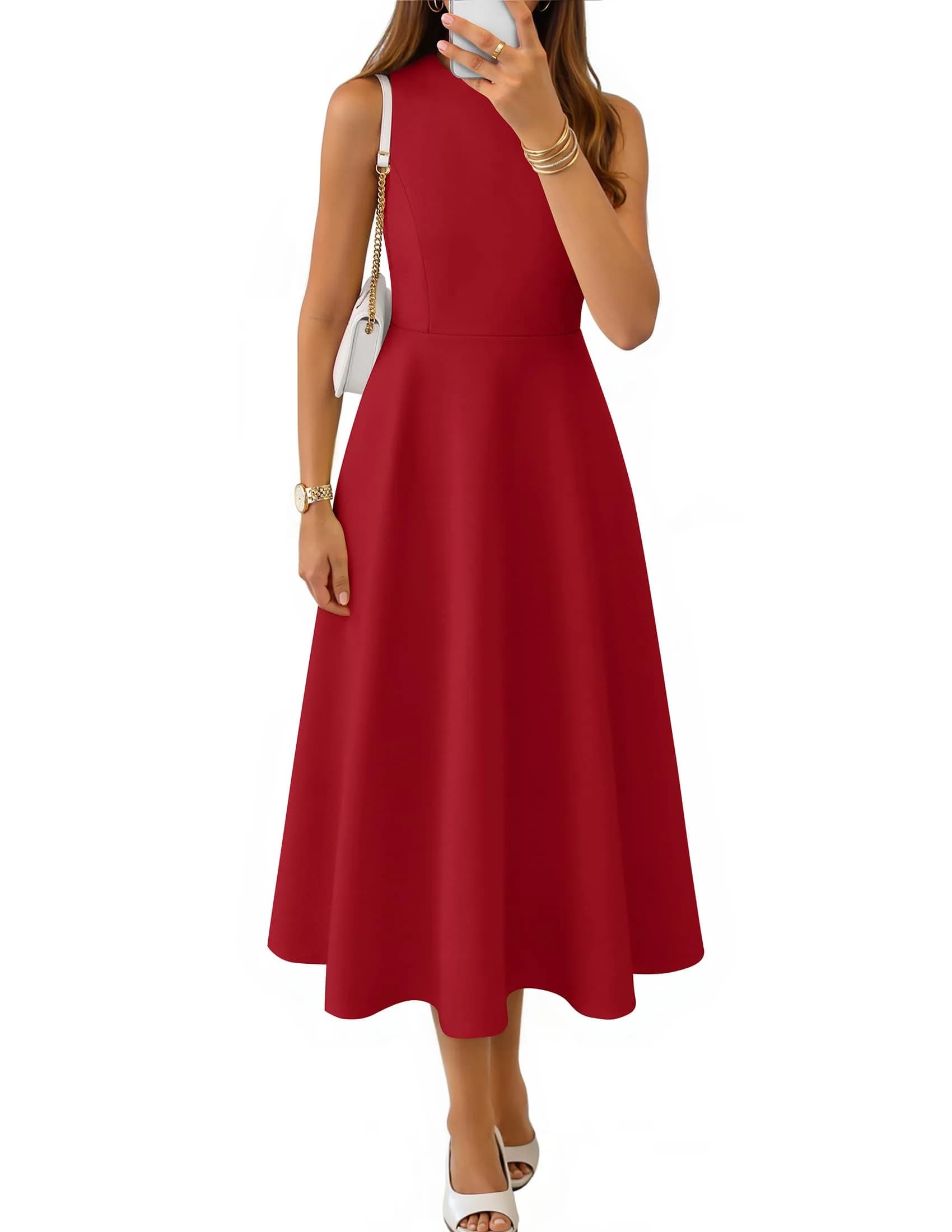 ZESICA Women's Sleeveless Flowy A Line Wedding Guest Midi Dress Red S | Elegant Summer Midi Dress