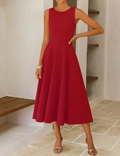 ZESICA Women's Sleeveless Flowy A Line Wedding Guest Midi Dress Red S | Elegant Summer Midi Dress thumbnail 4